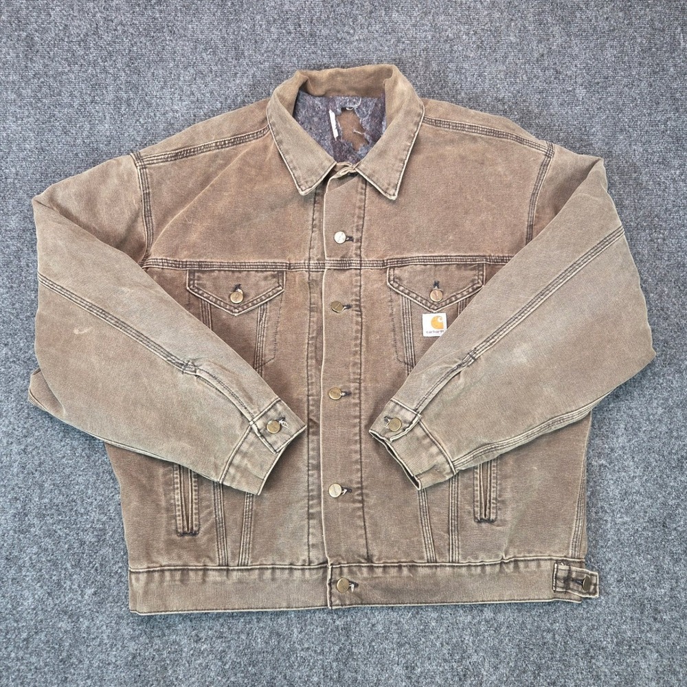 Vintage Carhartt Trucker Jacket Mens Large Brown Faded Blanket Lined Duck Canvas